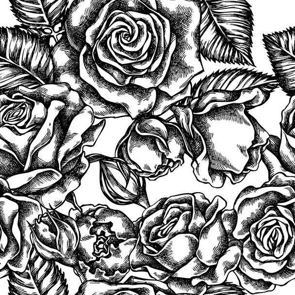 黒と白バラとのシームレスなパターン - ベクター画像