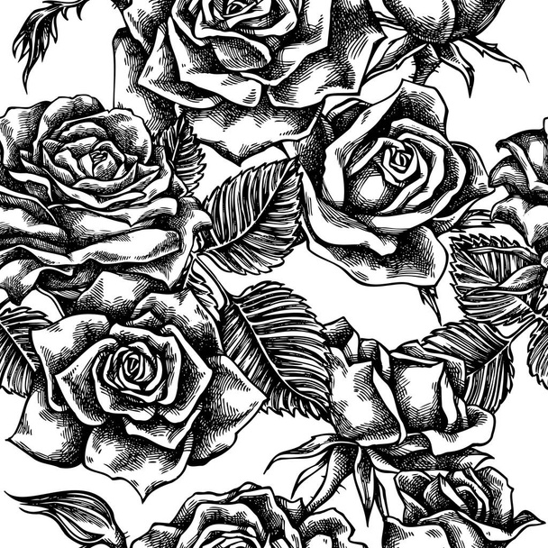 χωρίς ραφή πρότυπο με μαύρα και άσπρα τριαντάφυλλα - Διάνυσμα, εικόνα