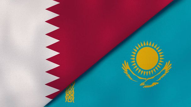 Δύο σημαίες κρατών του Κατάρ και του Καζακστάν. Επαγγελματικό υπόβαθρο υψηλής ποιότητας. 3D εικονογράφηση - Φωτογραφία, εικόνα