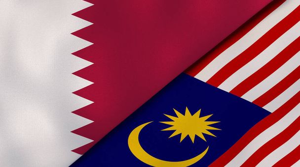 Twee staten vlaggen van Qatar en Maleisië. Hoge kwaliteit zakelijke achtergrond. 3d illustratie - Foto, afbeelding