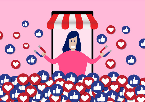Weibliche Influencer nutzen Social Media, um Blog-Betrachter für Like und Share für Social Media Marketing-Konzept zu gewinnen - Vektor, Bild