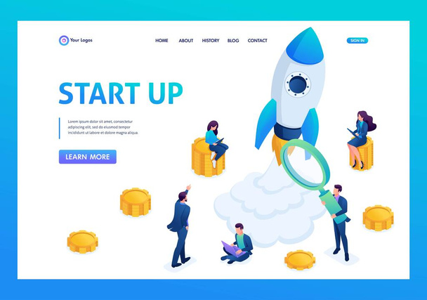 Isometrisches Konzept für Investitionen in Start-ups, Raketenstart, Jungunternehmer. Landing Page Konzepte und Webdesign - Vektor, Bild