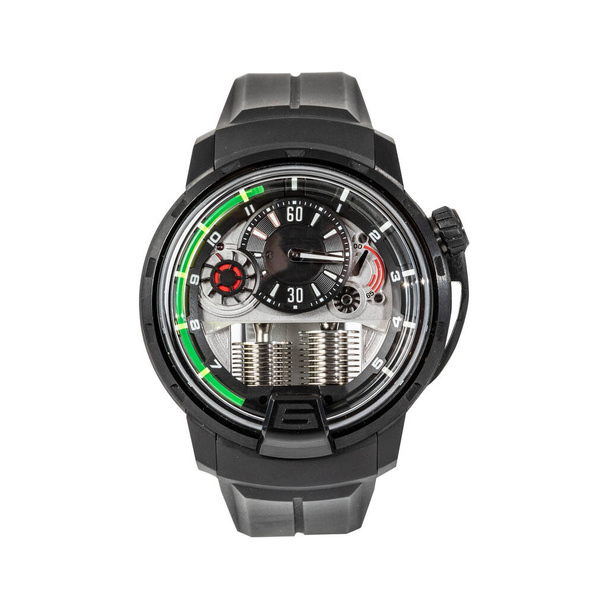 Czarny zegarek chronograf z tytanową obudową i czarnym gumowym paskiem, widok z przodu izolowany na białym tle - Zdjęcie, obraz