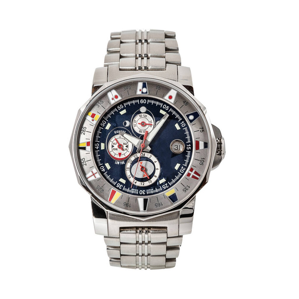 Stříbřitý luxusní hodinky chronometr, zobrazuje měsíční cykly a s ocelovým popruhem, přední pohled izolované na bílém pozadí - Fotografie, Obrázek