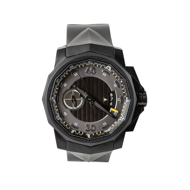 Черный роскошный титан хронометр часы с черным физическим отложением пара и с резиновым ремешком, вид спереди изолирован на белом фоне
 - Фото, изображение
