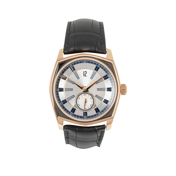 Luxury rose gold watch isolated on white. Classic watch with a white dial. Automatic wristwatch with a black leather strap, front view - Photo, Image