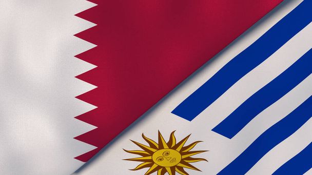 Dwa państwa bandery Kataru i Urugwaju. Wysokiej jakości doświadczenie biznesowe. Ilustracja 3D - Zdjęcie, obraz