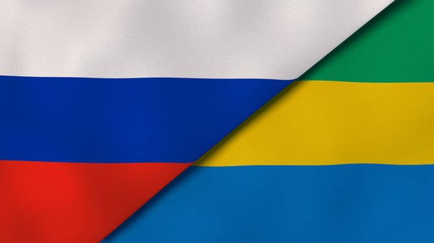 Два державні прапори Росії та Габону. Високоякісне ділове минуле. 3d ілюстрація - Фото, зображення