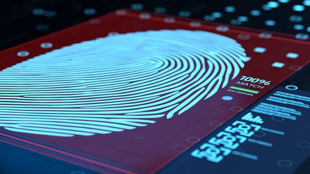 perspective view of 3d illustration with graphic digital touch interface software elements scanning fingerprint with positive identity match - Photo, Image