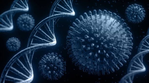 Tür mutasyonu için siyah arkaplan üzerinde DNA iplikçikleriyle Corona virüsünün 3 boyutlu görüntülemesi - Fotoğraf, Görsel