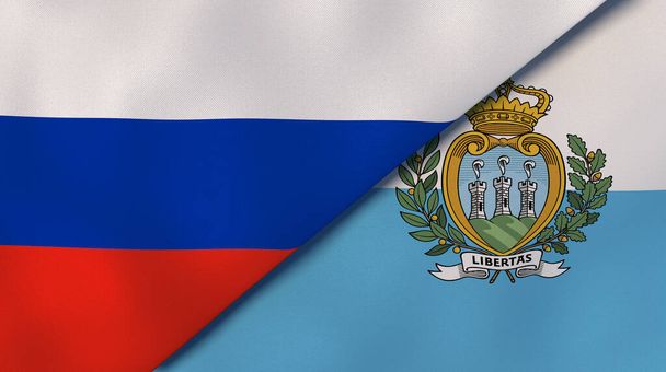Δύο πολιτείες σημαίες της Ρωσίας και του Αγίου Μαρίνου. Επαγγελματικό υπόβαθρο υψηλής ποιότητας. 3D εικονογράφηση - Φωτογραφία, εικόνα