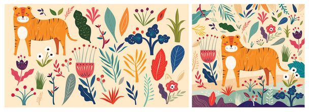 Big Vector bunte Sommerkollektion mit Blumen, Blättern und Tiger. Trendige Vektor-Cartoon-Illustration - Vektor, Bild