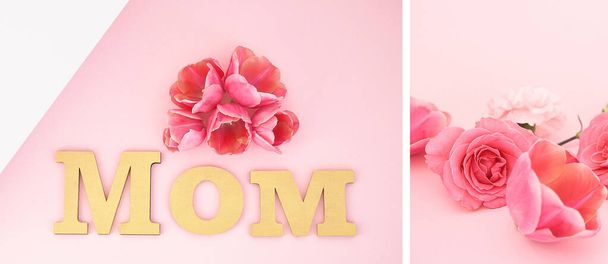 collage of  tulips and mom lettering on pink and white background - Fotoğraf, Görsel