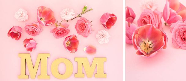 collage of blooming spring flowers and mom lettering on pink background - Foto, Imagem