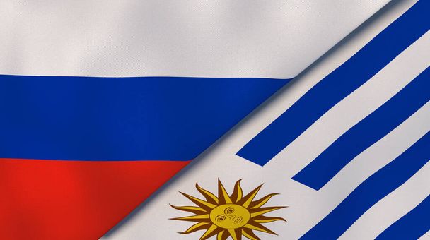 Rusya ve Uruguay 'ın iki bayrağı. Kaliteli bir iş geçmişi. 3d illüstrasyon - Fotoğraf, Görsel