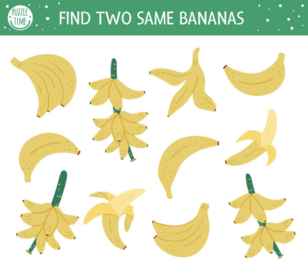 Znajdź dwa takie same banany. Tropikalna pasująca aktywność dla dzieci w wieku przedszkolnym z uroczymi owocami tropikalnymi. Śmieszne puzzle dżungli dla dzieci. Arkusz zadań quizu logicznego. Prosta gra latem dla dzieci - Wektor, obraz