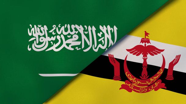 İki Suudi Arabistan ve Brunei bayrağı. Kaliteli bir iş geçmişi. 3d illüstrasyon - Fotoğraf, Görsel