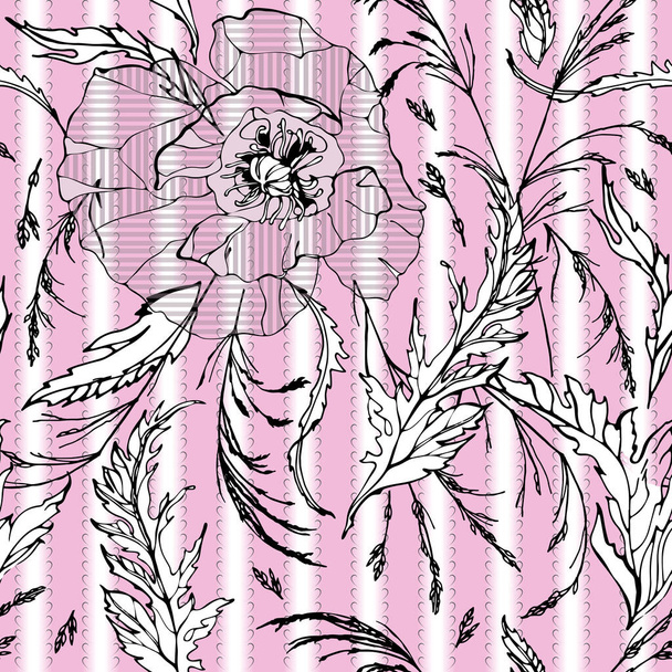 Raster nahtlose Textur aus grafischen Zeichnungen von Mohnblumen und Feldgräsern auf einem rosafarbenen Feld. Legen, streifen. Für Verpackungen, Textilien und Grüße. Retro, Provence, Dorf. Für Tapeten, Stoffe. - Vektor, Bild
