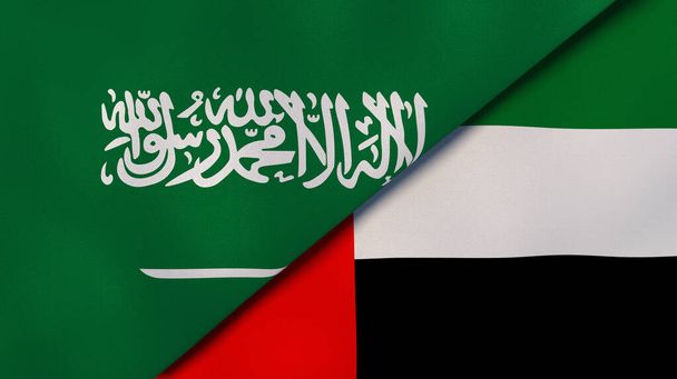 Dvě vlajky Saúdské Arábie a Spojených arabských emirátů. Vysoce kvalitní obchodní zázemí. 3D ilustrace - Fotografie, Obrázek