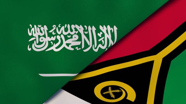 Twee vlaggen van Saoedi-Arabië en Vanuatu. Hoge kwaliteit zakelijke achtergrond. 3d illustratie - Foto, afbeelding