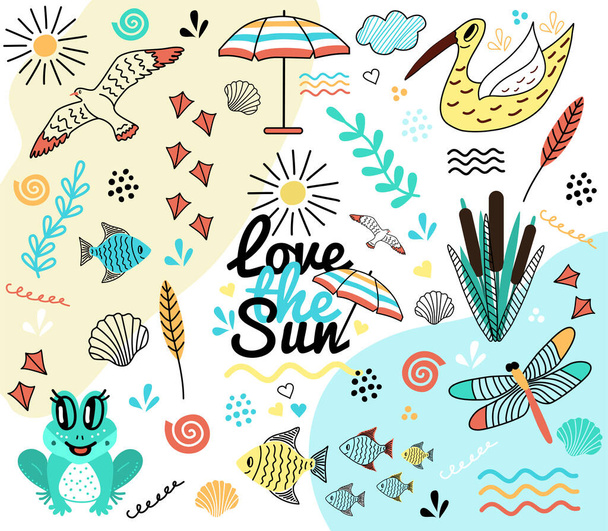 Ілюстрація того, що я люблю сонце. Зображення жаба, бабка, мартин, риба, сонце, парасолька, хмара, листя, коктейль, очерет, річка, писар
 - Вектор, зображення