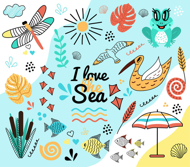 Illusztráció Szeretem a tengert. Kép béka, szitakötő, sirály, hal, nap, esernyő, felhő, levelek, cockleshell, nád, folyó, firka - Vektor, kép