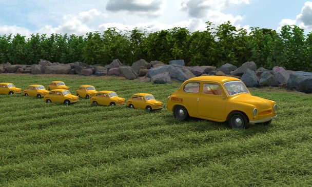 Κίτρινα ρετρό αυτοκίνητα που σχετίζονται με τη μαμά πάπια και τα παπάκια των παιδιών της. Εννοιολογική δημιουργική απεικόνιση με διπλό νόημα. 3D απόδοση - Φωτογραφία, εικόνα
