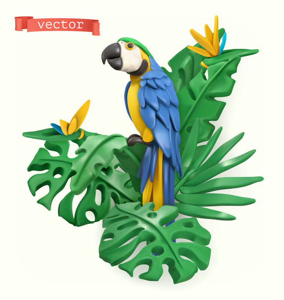 Parrot and tropical leaves. Summer time concept. 3d vector objects. Plasticine art illustration - Διάνυσμα, εικόνα