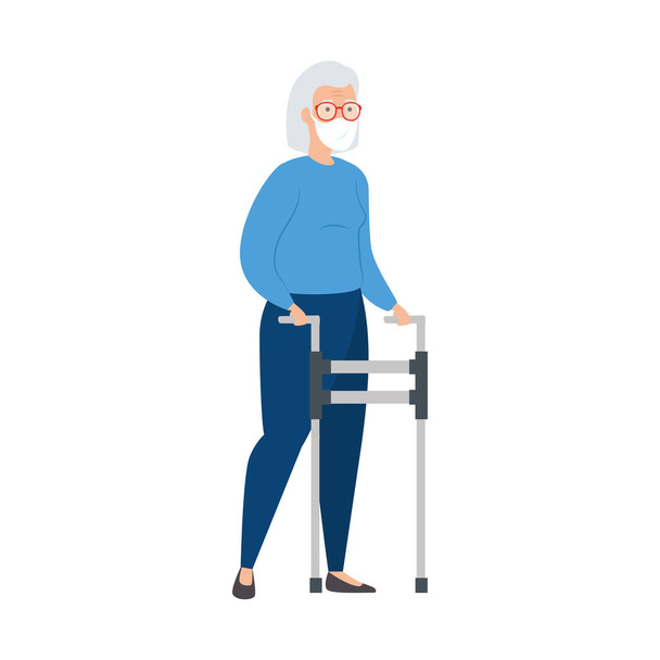 стара жінка з маскою обличчя та ортопедичним ходунком
 - Вектор, зображення