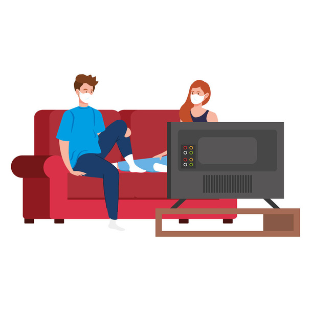 campaign stay at home with couple using face mask watching tv - Vector, Image