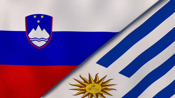 Dwa państwa bandery Słowenii i Urugwaju. Wysokiej jakości doświadczenie biznesowe. Ilustracja 3D - Zdjęcie, obraz