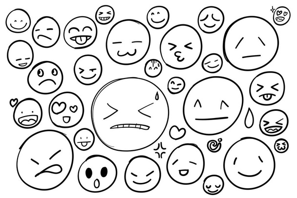 Tekenen vector komische ronde gezichten met emoties voor elke decoratie in grafisch ontwerp. Enkele lijn illustratie isolatie op witte achtergrond. - Vector, afbeelding