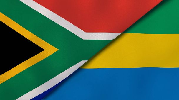 Dwie flagi stanowe Republiki Południowej Afryki i Gabonu. Wysokiej jakości doświadczenie biznesowe. Ilustracja 3D - Zdjęcie, obraz