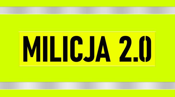 Conceito de logotipo Milicja 2.0, texto preto colocado em um verde brilhante - fundo amarelo. Depois de 1944 em muitos países sob a influência da URSS a polícia foi chamada de milícia como na Polônia hoje pela Sociedade
 - Foto, Imagem