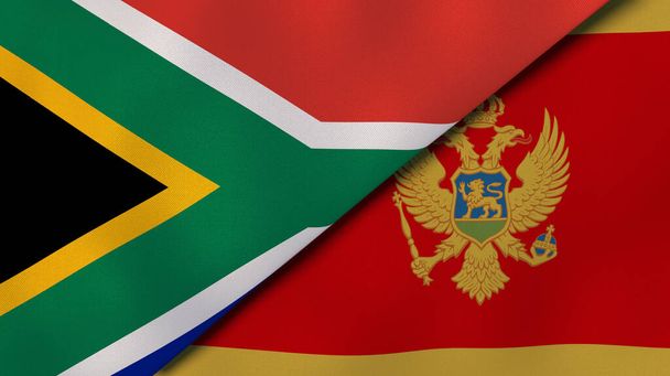 Zwei Staaten Flaggen von Südafrika und Montenegro. Hochwertiger geschäftlicher Hintergrund. 3D-Illustration - Foto, Bild