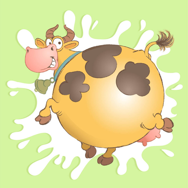 Grappige vectortekening. Merry koe in de vorm van een bal springt op een achtergrond van melk spatten - Vector, afbeelding
