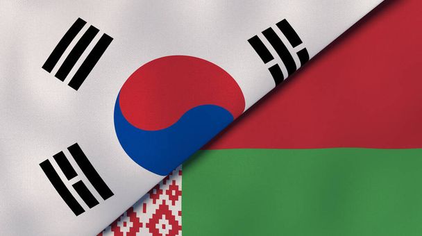 Twee vlaggen van Zuid-Korea en Wit-Rusland. Hoge kwaliteit zakelijke achtergrond. 3d illustratie - Foto, afbeelding