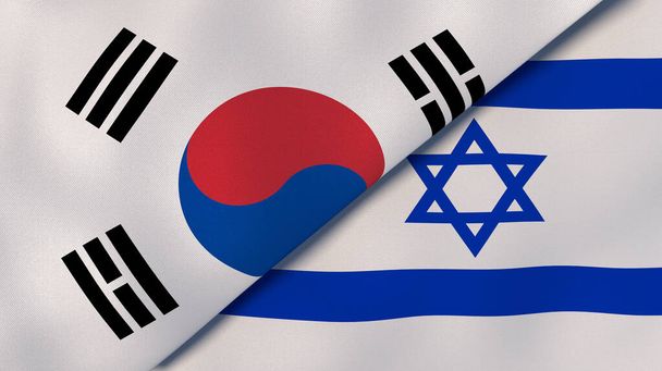 Kaksi Etelä-Korean ja Israelin lippua. Laadukas yritystausta. 3d kuva
 - Valokuva, kuva