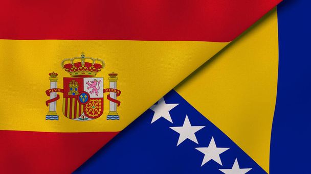 Twee vlaggen van Spanje en Bosnië en Herzegovina. Hoge kwaliteit zakelijke achtergrond. 3d illustratie - Foto, afbeelding