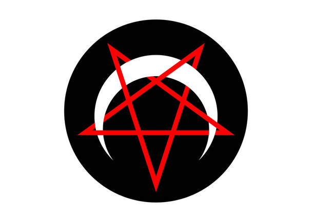 Ters veya ters beşgen şeklindeki hilal şeklinde beyaz ay vektör sembolü izole edilmiş. Şeytani Sonsuz Ters Pentagram simgesi. Kırmızı ve siyah dini işaretler. Beyaz üzerine Wicca ve Neopaganizm  - Vektör, Görsel