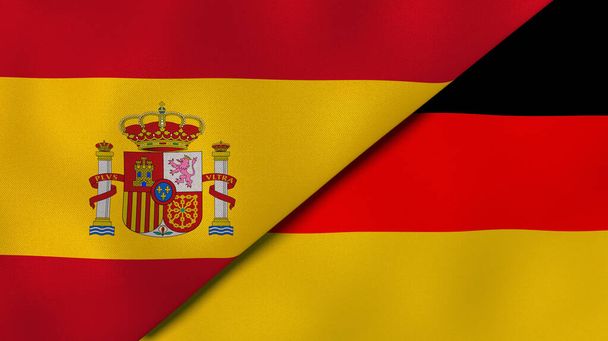 Zwei Staaten Flaggen von Spanien und Deutschland. Hochwertiger geschäftlicher Hintergrund. 3D-Illustration - Foto, Bild