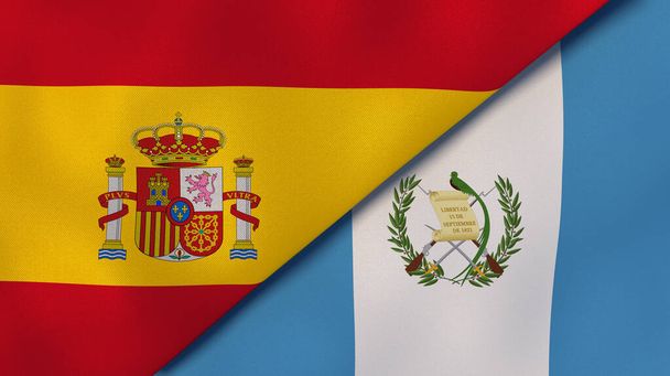 Δύο σημαίες της Ισπανίας και της Γουατεμάλας. Επαγγελματικό υπόβαθρο υψηλής ποιότητας. 3D εικονογράφηση - Φωτογραφία, εικόνα