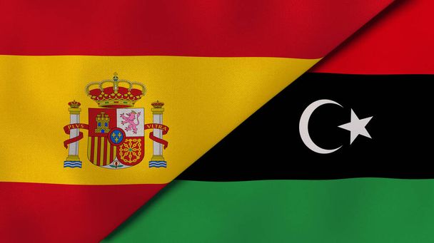 Zwei Staaten Flaggen von Spanien und Libyen. Hochwertiger geschäftlicher Hintergrund. 3D-Illustration - Foto, Bild