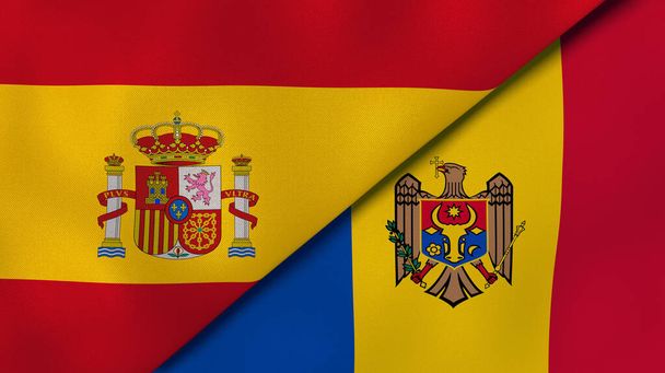 Spanyolország és Moldova két állami lobogója. Kiváló minőségű üzleti háttér. 3d illusztráció - Fotó, kép