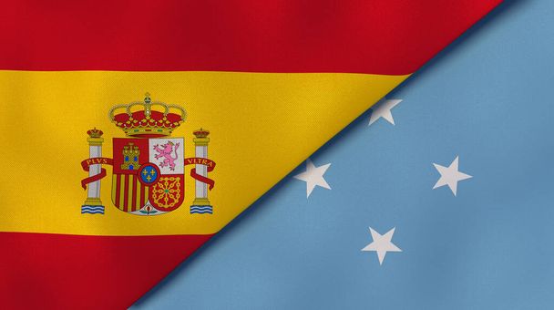 Прапори двох держав - Іспанії та Мікронезії. Високоякісне ділове минуле. 3d ілюстрація - Фото, зображення
