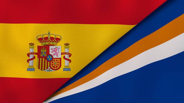 Spanyolország és Marshall-szigetek két állami lobogója. Kiváló minőségű üzleti háttér. 3d illusztráció - Fotó, kép