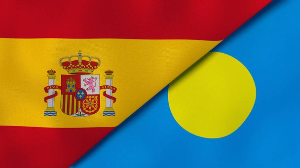 Zwei Staaten Flaggen von Spanien und Palau. Hochwertiger geschäftlicher Hintergrund. 3D-Illustration - Foto, Bild