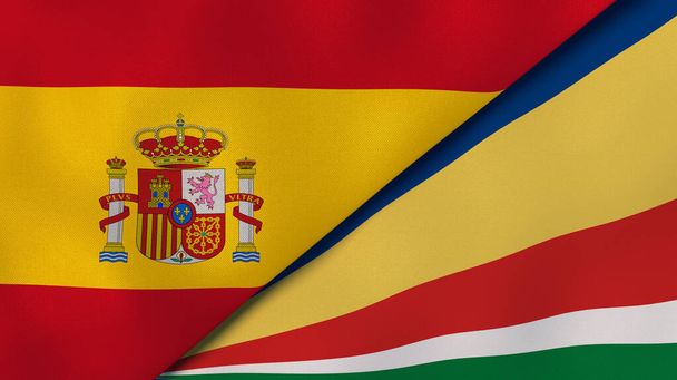 İspanya ve Seyşeller 'in iki bayrağı. Kaliteli bir iş geçmişi. 3d illüstrasyon - Fotoğraf, Görsel