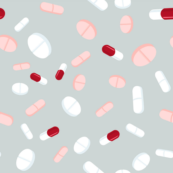 Piros és fehér tabletták zökkenőmentes minta. Gyógyászati háttér, elvont kapszula és orvosi tabletta lapos vektor illusztráció. - Vektor, kép