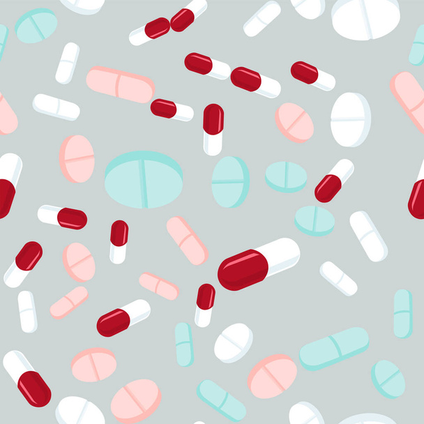 Kleurrijke pillen naadloos patroon. Medicijnachtergrond, abstracte capsules en medische tabletten flatlay vector illustratie. - Vector, afbeelding